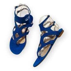 Paul Andrew double ankle strap flat thong sandals in blue embossed suede, New